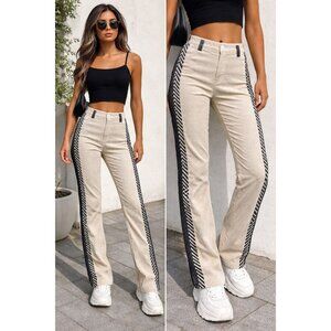 Haider Ackermann Embroidered Black Leather and Beige Corduroy Skinny Pants Sz  S